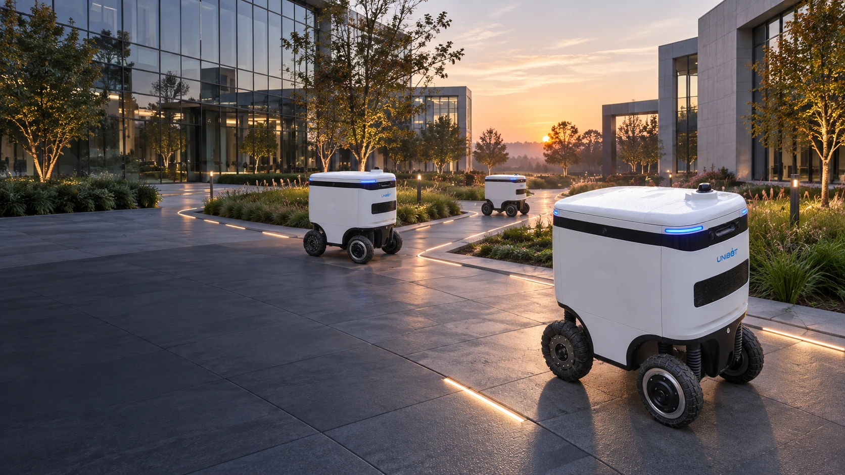 Парк из трёх реальных SpeedyBot выполняет задания на территории кампуса