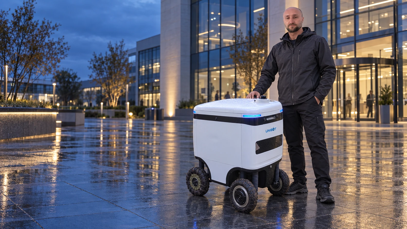 Владелец проекта рядом с реальным роботом SpeedyBot на территории современного кампуса