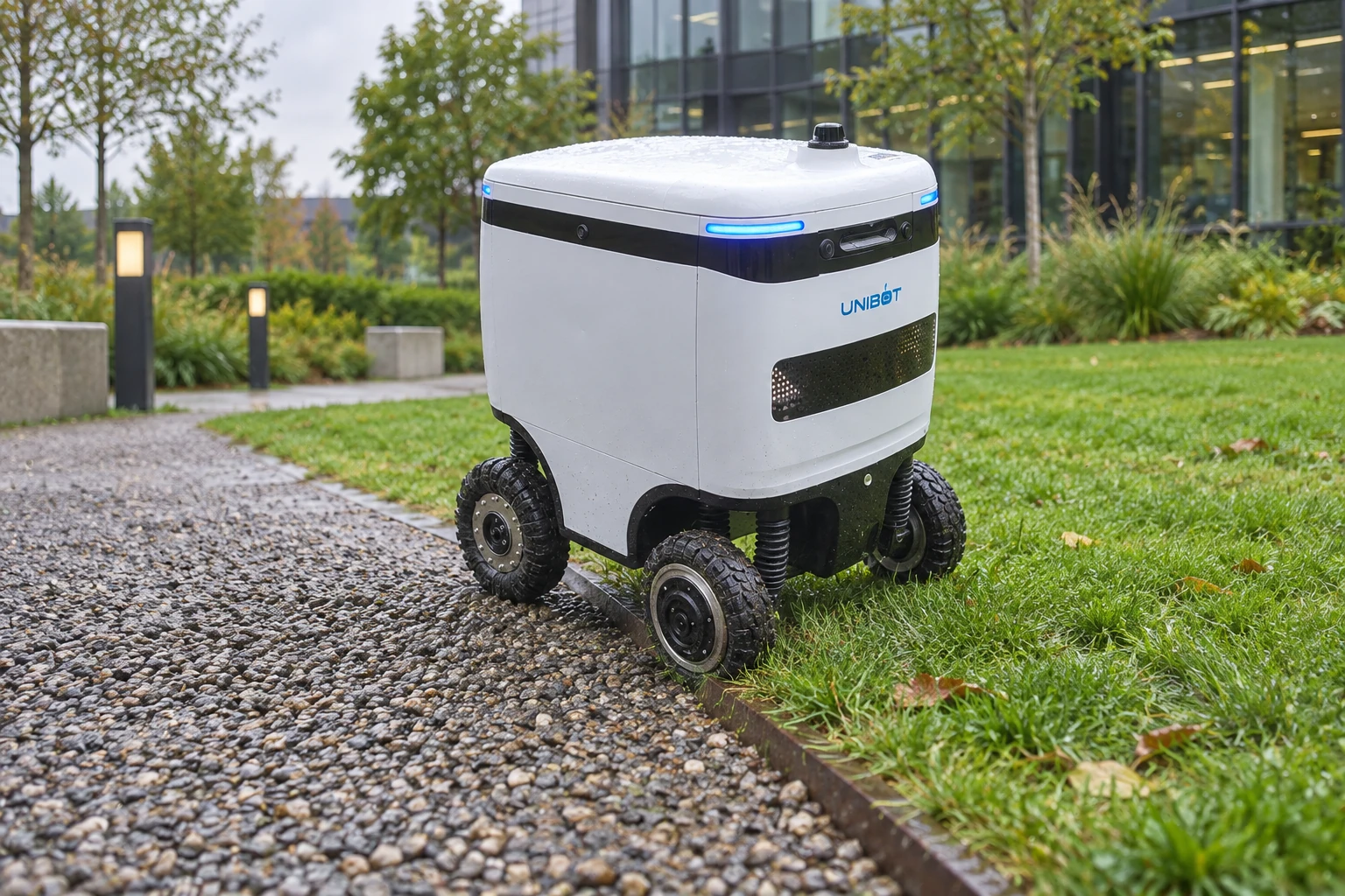 Реальный SpeedyBot преодолевает переход между гравием и мокрой травой